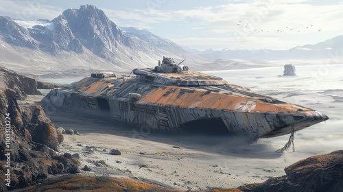 Fototapeta Naklejka Na Ścianę i Meble -  A futuristic spaceship beached on a desolate, rocky shore with distant mountains and a cloudy sky.