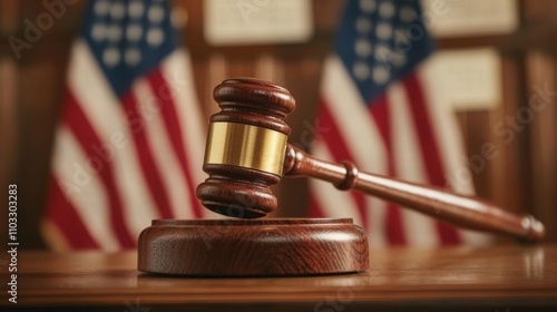 A wooden gavel rests on a sound block, with American flags displayed in the background, symbolizing justice and the legal system.