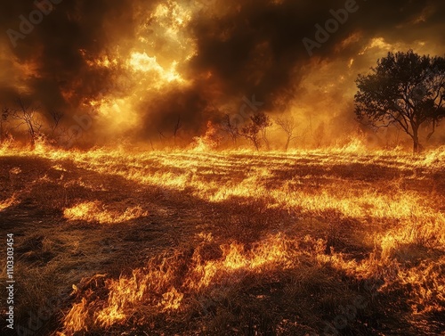 A dry field consumed by wildfire flames photo