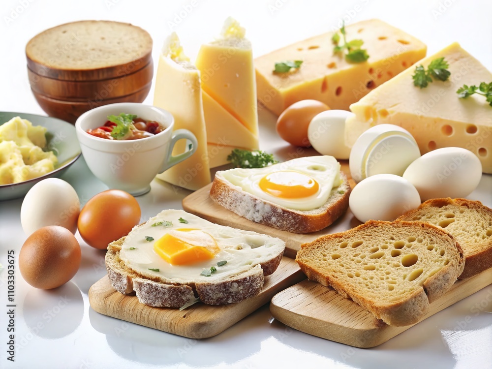 Fototapeta premium A Delicious Array of Breakfast Foods Featuring Bread, Eggs, and Cheese Artfully Arranged on a Clean White Background for Culinary Inspiration and Morning Meal Delight