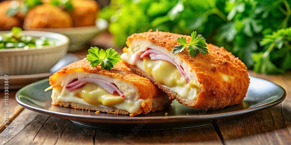 A Delicious French Cordon Bleu Isolated on a Vibrant Plate with Tilt-Shift Effect, Showcasing Perfectly Melted Cheese and Crispy Breaded Exterior for Food Design Theme A Delicious French Cordon Bleu Isolated on a Vibrant Plate with Tilt-Shift Effect, Showcasing Perfectly Melted Cheese and Crispy Breaded Exterior for Food Design Theme