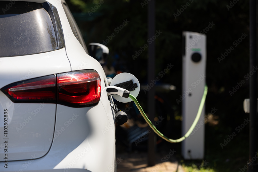 Charging station for electrical cars. Concept photo for electric cars. Charging vehicles industry.