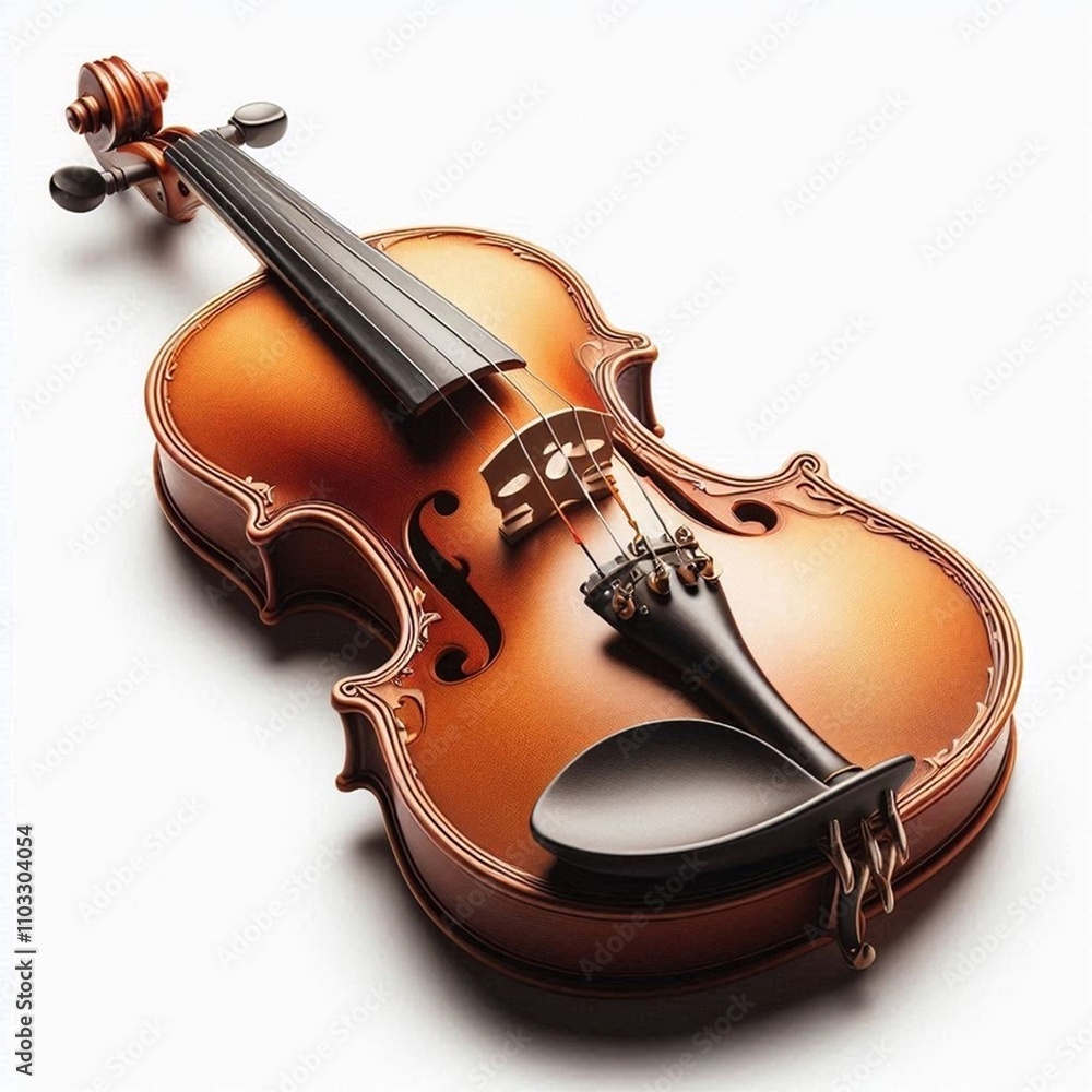 Fototapeta premium A beautiful violin with a rich, warm wood finish and bow, The elegant curves and fine details of the violin highlight its craftsmanship. AI generated.