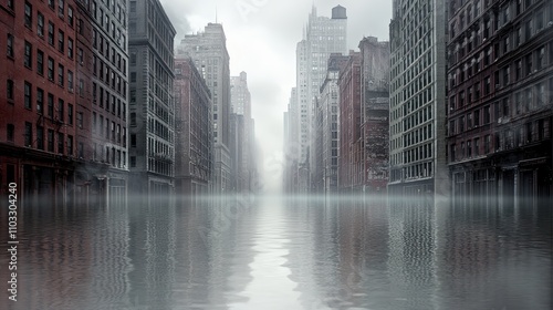 Submerged streets and abandoned buildings in a oncethriving city photo