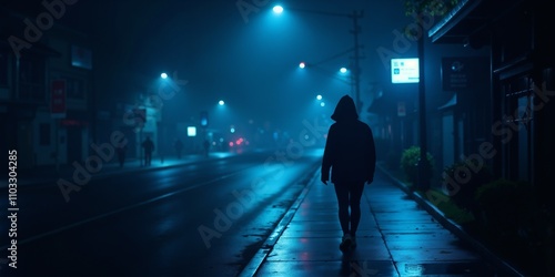 Mysterious figure, walking alone, illuminated by blue streetlights, on a dark urban street