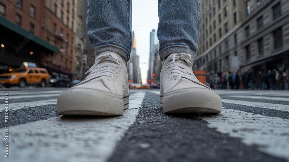 A close-up view of trendy shoes on a busy urban street A close-up view of trendy shoes on a busy urban street