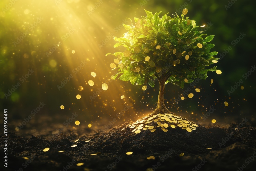 A tree with gold coins on the ground A tree with gold coins on the ground