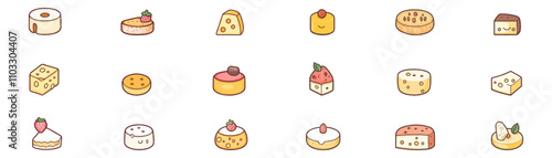 Cute cartoon cheese icon set, vector illustration on a white background