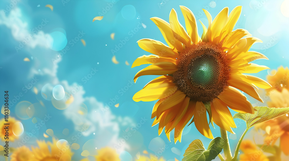 Obraz premium Sunflower blooming on blue sky background. Copy space. Summer concept. Web banner.