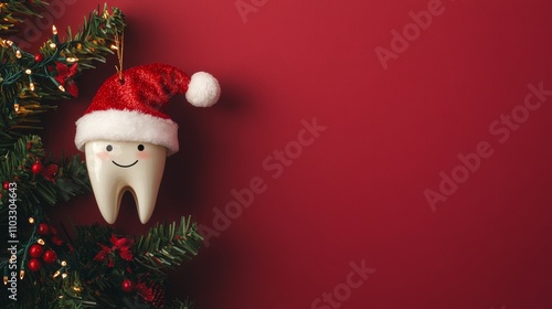 During the holidays, a lively tooth-shaped ornament topped with a festive Santa hat perches on a pine branch, framed by a bright red background.