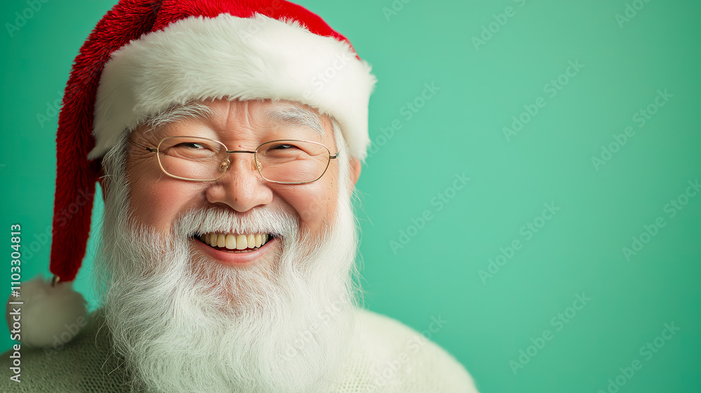 Naklejka premium Asian Santa Claus with Glowing Smile and Bright Red and White Hat on Light Mint Green Background for Seasonal Promotions