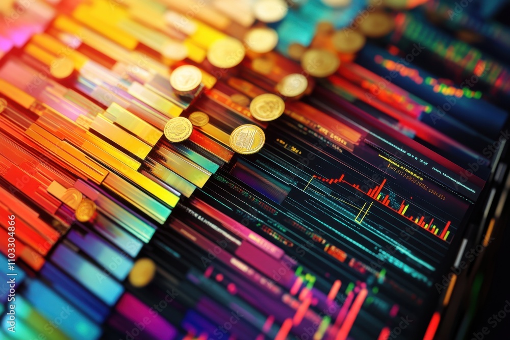 A colorful image of coins and lines with a mood of chaos and disorder A colorful image of coins and lines with a mood of chaos and disorder