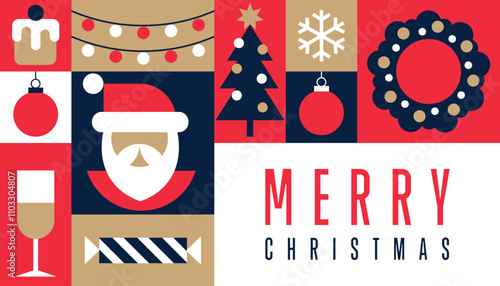 Merry Christmas. Happy New Year greeting card 2025. Christmas geometric background. Seamless pattern with simple traditional icons, graphic new year design. Modern vector illustration