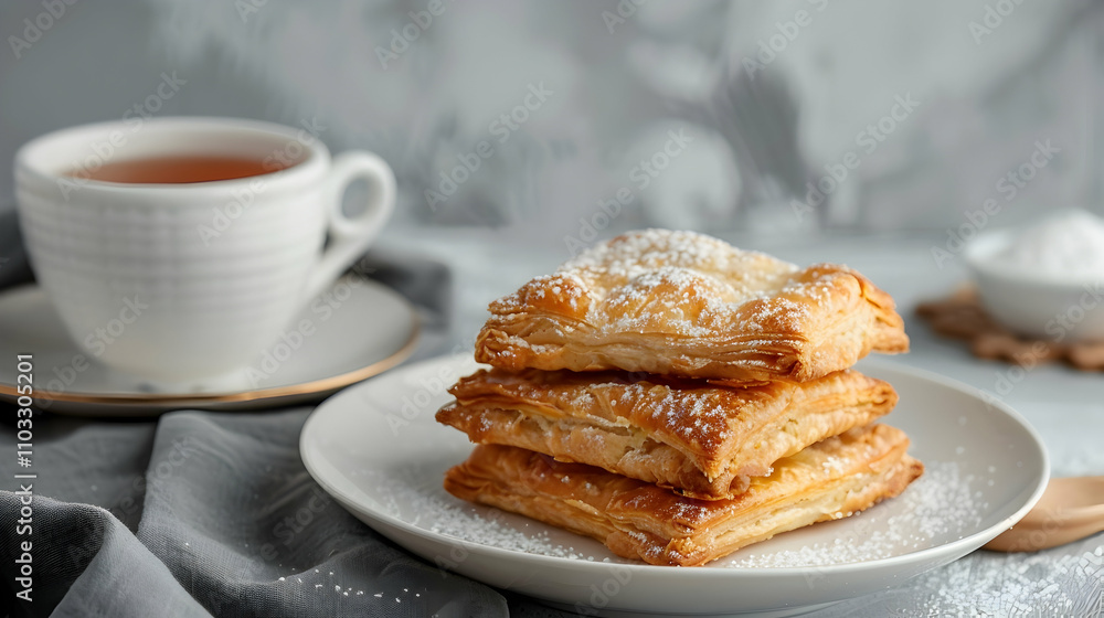 Fried pies on a white plate on gray background. Russian tea time. Front view. Fried pies on a white plate on gray background. Russian tea time. Front view.