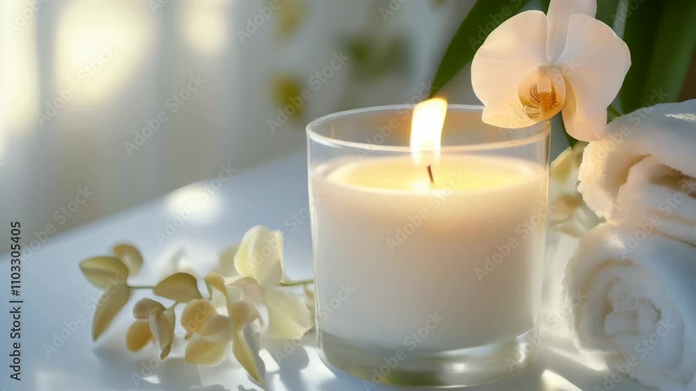 Burning candle sits on a table next to rolled up white towels and an orchid flower, creating a tranquil and relaxing spa atmosphere perfect for pampering and wellness treatments Burning candle sits on a table next to rolled up white towels and an orchid flower, creating a tranquil and relaxing spa atmosphere perfect for pampering and wellness treatments