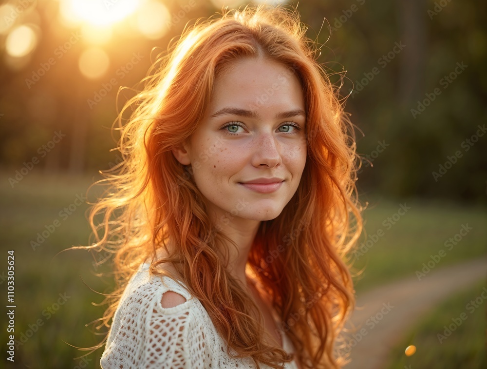 Beautiful woman, with ginger hair and freckles smiling in the sunset Beautiful woman, with ginger hair and freckles smiling in the sunset