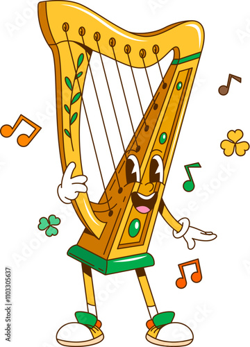 Cartoon retro groovy Irish harp character, saint Patrick day holiday personage. Isolated vector vintage musical instrument with clover leaves and notes around, playing festive music on its strings