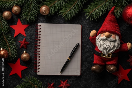 A simple blank notepad for your wish list or one featuring Santa Claus, along with ink and a fountain pen. photo