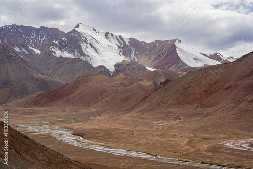 Scenic landscape view from high altitude Ak Baital pass aka Hushang, highest point on Pamir Highway M41, Murghab, Gorno-Badakhshan, Tajikistan photo