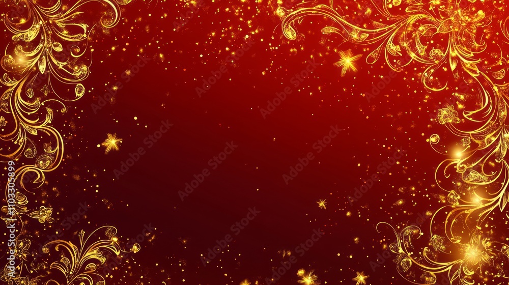Golden Floral Pattern on Red Background Golden Floral Pattern on Red Background