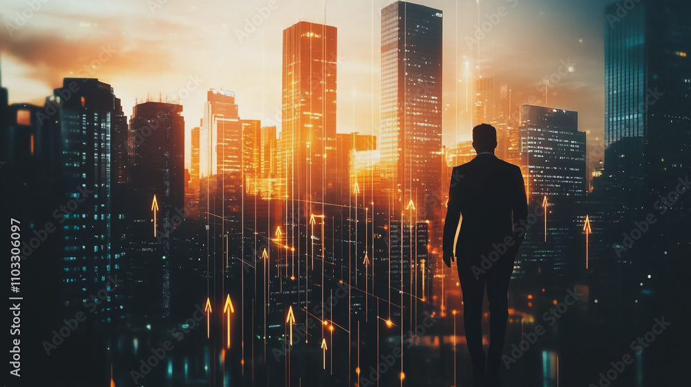 Abstract business man stands on the peak of success amid tall, innovative Smart city and graphs with statistics to analyze business potential and predict future developments in company growth. Abstract business man stands on the peak of success amid tall, innovative Smart city and graphs with statistics to analyze business potential and predict future developments in company growth.
