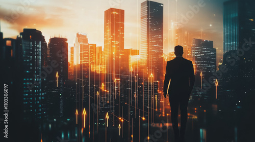 Abstract business man stands on the peak of success amid tall, innovative Smart city and graphs with statistics to analyze business potential and predict future developments in company growth.