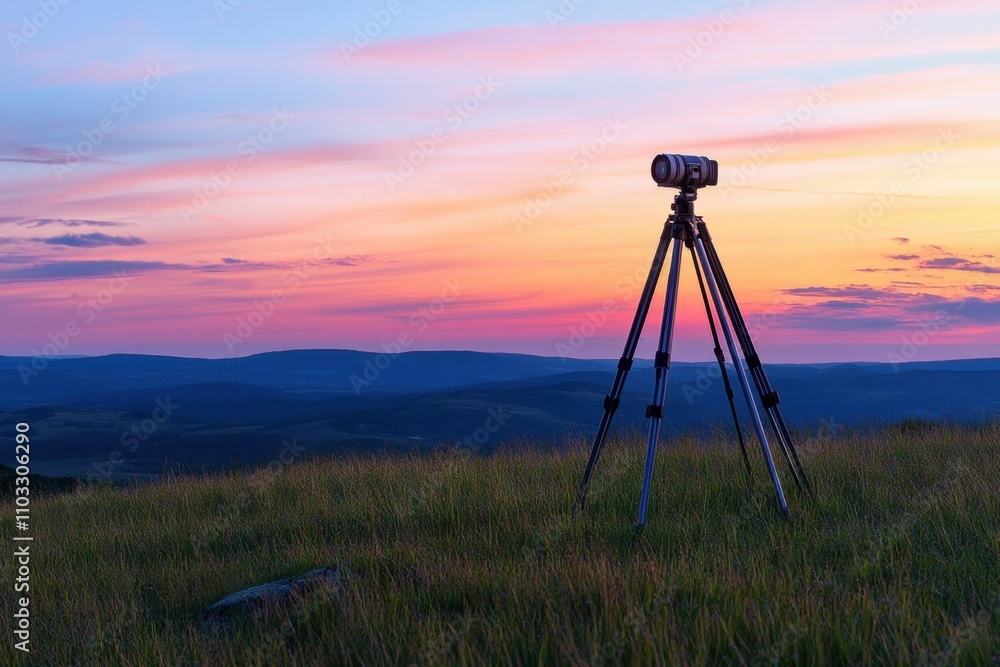 A tripod is set up on a grassy hillside, with the sun setting in the background A tripod is set up on a grassy hillside, with the sun setting in the background