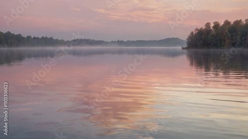 Misty sunrise over a calm lake. Pink and orange hues paint the sky, reflecting beautifully on the still water.