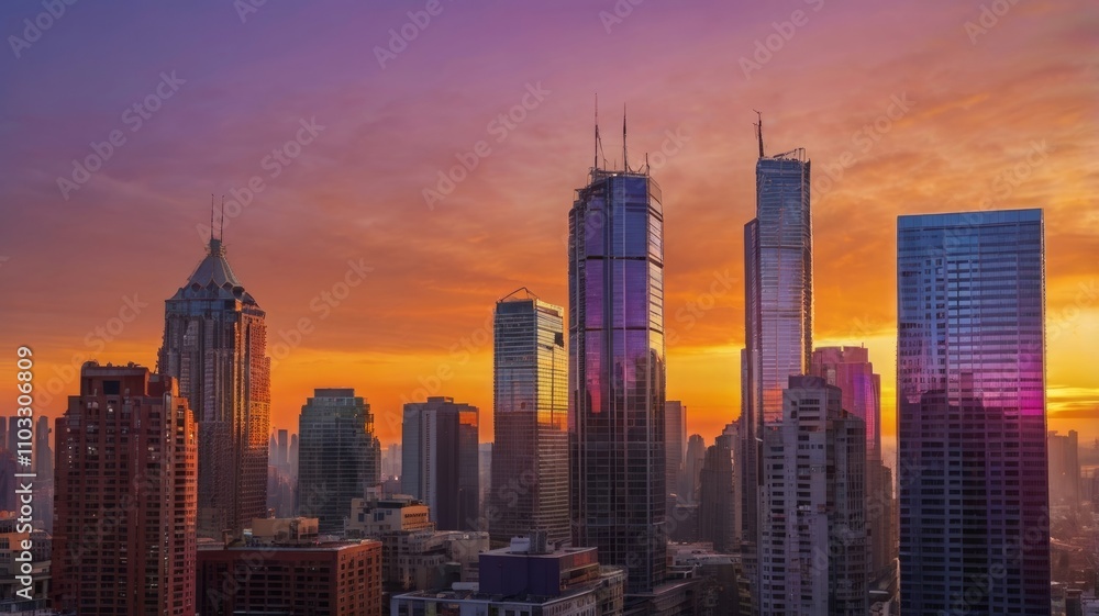 A vibrant sunrise paints the modern cityscape in warm hues. Tall skyscrapers reflect the colorful sky, A vibrant sunrise paints the modern cityscape in warm hues. Tall skyscrapers reflect the colorful sky,