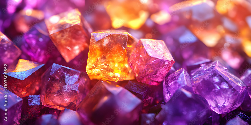 Vibrant Gemstone Cluster, A dazzling array of purple and amber crystals illuminated, showcasing intricate facets and radiant glow. Vibrant Gemstone Cluster, A dazzling array of purple and amber crystals illuminated, showcasing intricate facets and radiant glow.