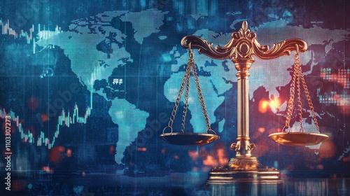 Scales of justice overlaid on a global financial background.