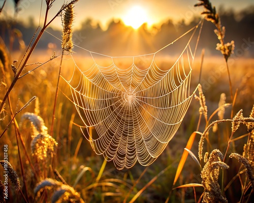 A splendid spider web shines with dew drops as the sun rises above a tranquil field. Golden rays illuminate the intricate patterns, showcasing nature\'s artistry in the early morning photo