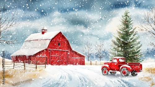 A Red Truck Parked in Front of a Red Barn in a Snowy Landscape
