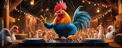 Colorful Rooster DJ Spinning Records for Farm Animals in Barn Dance Party Scene