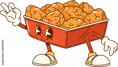 Cartoon groovy box of chicken nuggets fast food character flashing ok gesture. Isolated vector retro hippie y2k snack personage in trendy vintage sneakers and red carton inviting for the fastfood cafe