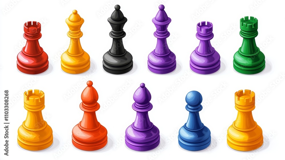 A diverse collection of vibrantly colored chess pieces against a white background, illustrating the classic strategic game with a modern artistic touch. A diverse collection of vibrantly colored chess pieces against a white background, illustrating the classic strategic game with a modern artistic touch.