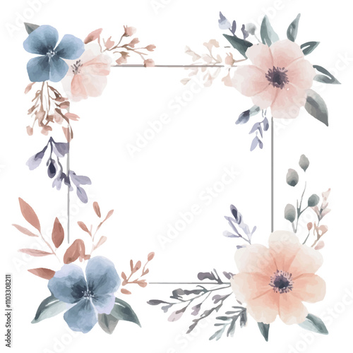 Watercolor square frame with pastel flowers and leaves, in a dusty pink, blue, purple, and grey color palette, isolated on a white background