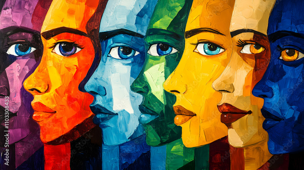 Obraz premium Vibrant Colorful Abstract Painting of Female Faces, Expressive Oil on Canvas Art, Multifaceted Portraits