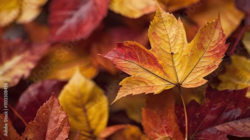 Closeup of a vibrant yelloworange maple leaf among red and gold autumn leaves.