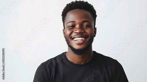 Smiling Young Man with Dark Hair Against Light Background