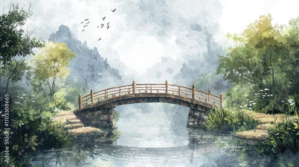 A Wooden Bridge Over a Tranquil Stream in a Misty Forest A Wooden Bridge Over a Tranquil Stream in a Misty Forest