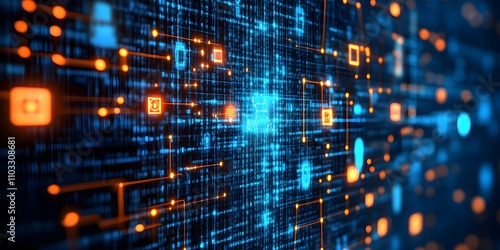 Wallpaper Mural Abstract digital network with glowing lines and icons representing technology and data flow. Torontodigital.ca