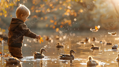 Little boy feed ducks on the lake in autumn, copy space. Beautiful sun light.