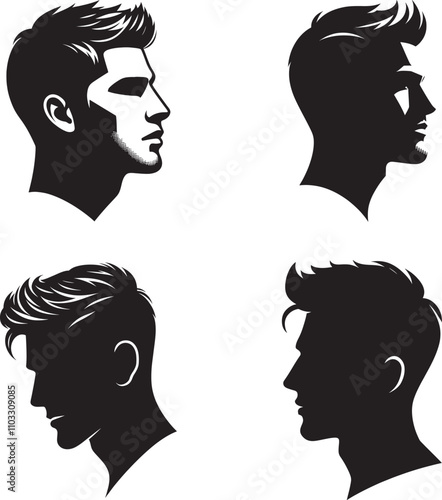 Stylish Men's Hairstyles, A collection of four profile illustrations showcasing modern men's haircuts, including both detailed and silhouette versions. Perfect for barber shops, men's fashion.