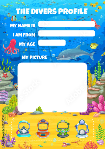 Diver profile form cartoon vector template with marine life and spaces to fill in personal details. Frogman or diving club member account registration form with diver helmets and sea bottom landscape