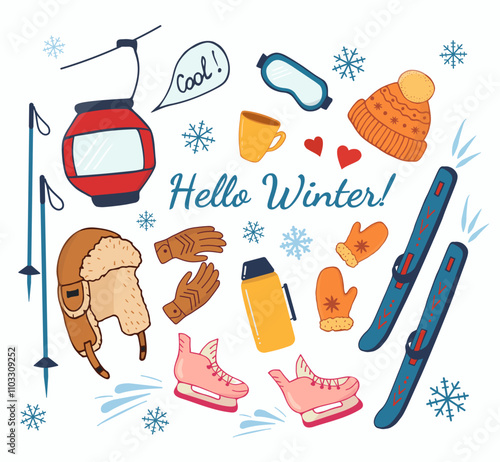 Winter sports and recreation in the mountains and outdoors. Hello winter inscription.Winter mood. Hand-drawn ski lift, skis, hat with earflaps, skates, ski. Set of Isolated items for sports and travel