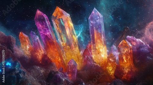 Colorful crystals floating in space, glowing and surreal, vibrant hues, magical and otherworldly vibe, sense of mystery and beauty