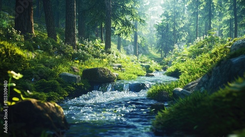 A small stream flows through a lush green forest, sunlight filtering through the trees.