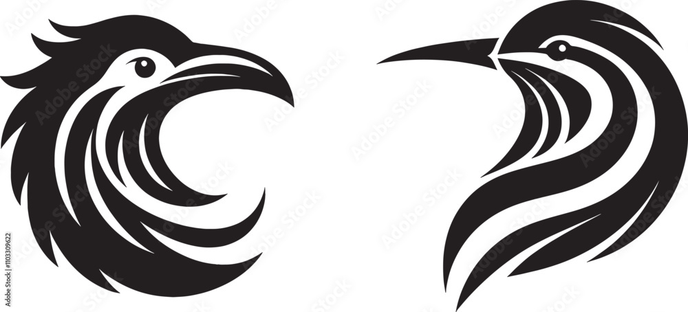 A pair of stylized bird heads, one facing left and the other right, in a simple black and white design, perfect for use as a logo or emblem. A pair of stylized bird heads, one facing left and the other right, in a simple black and white design, perfect for use as a logo or emblem.