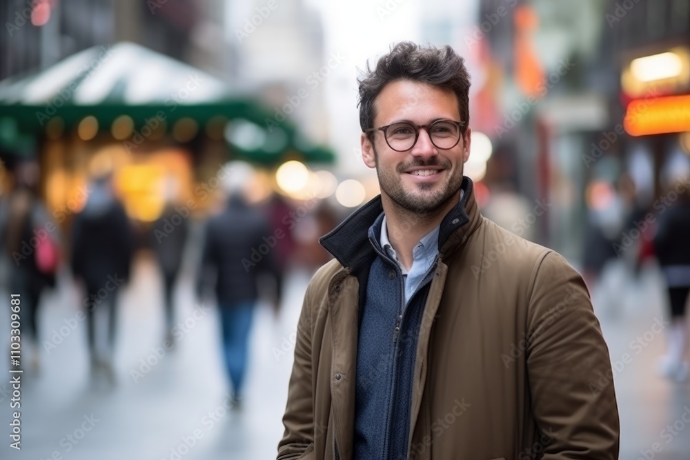 Portrait of a handsome young man with eyeglasses in a shopping street Portrait of a handsome young man with eyeglasses in a shopping street